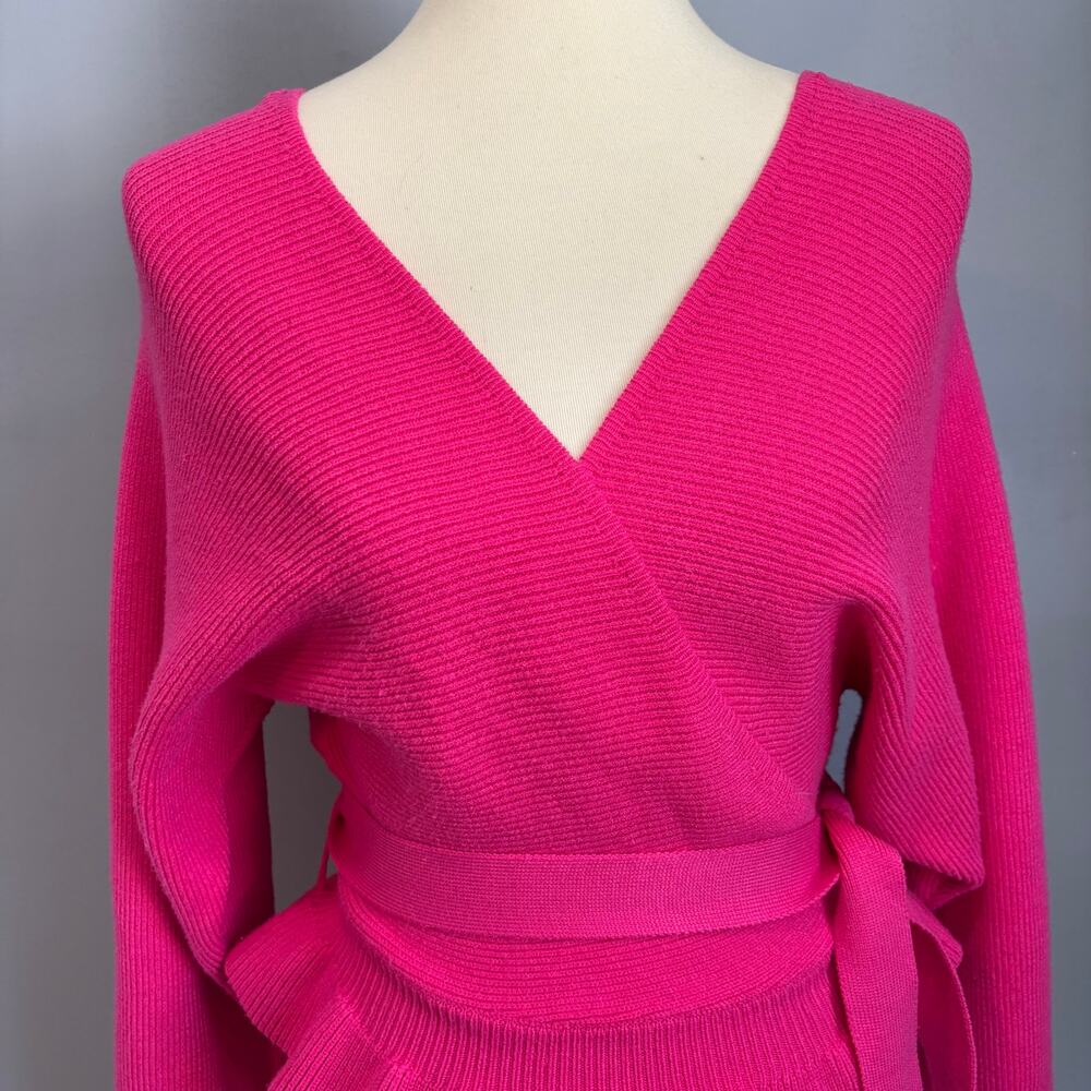Lulus Hot Pink Barbiecore Wrap Sweater Coquette Ruffle Hem Balletcore Preppy S - Picture 2 of 8